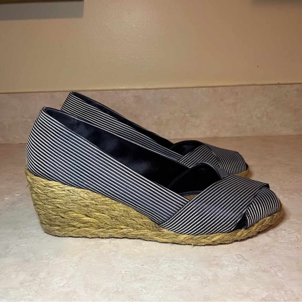 Ralph Lauren Blue and White Striped Cecilia Wedge Espadrilles with Peep-Toe